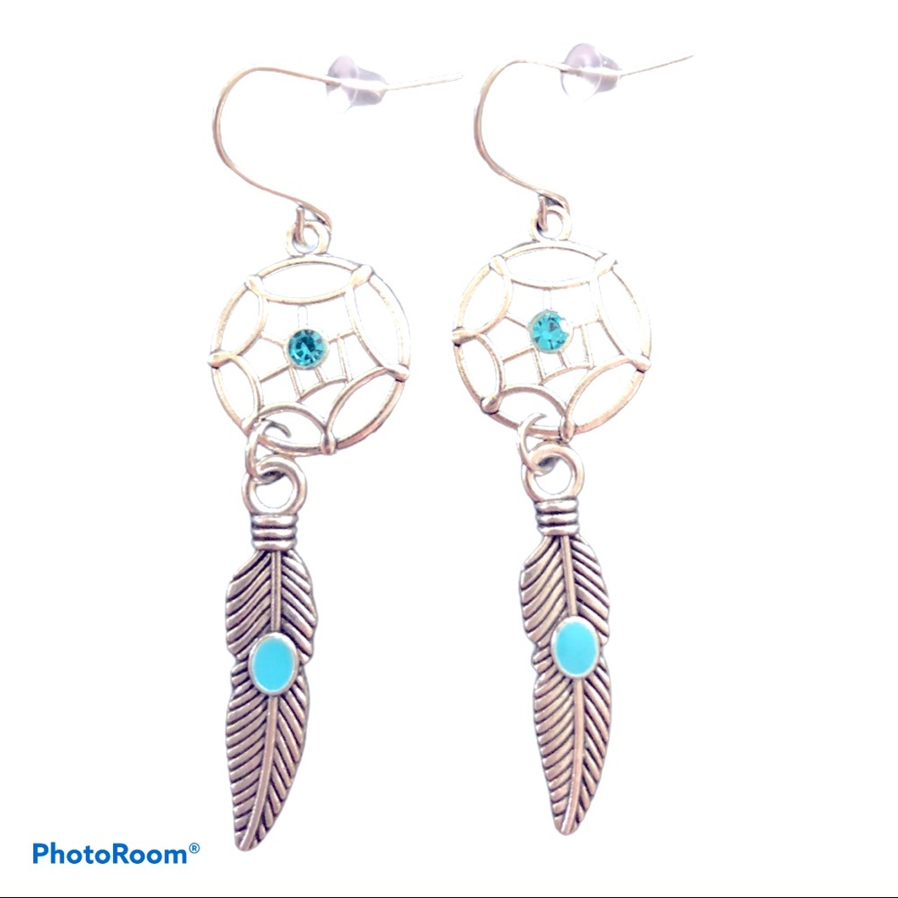 NWT Boho Desert Revival Feather Dreamcatcher Silver Tone Earrings‎
